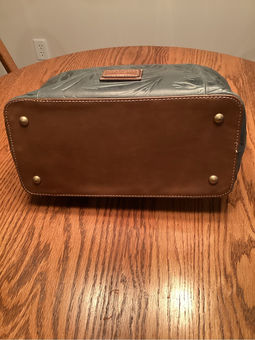 Tignanello Leather  Embossed Leaf Tote in Teal with Brown Trim - Picture 5 of 8